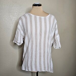 The Cove Tan White Striped Twist‎ Back V-Neck Blouse Short Sleeve Small